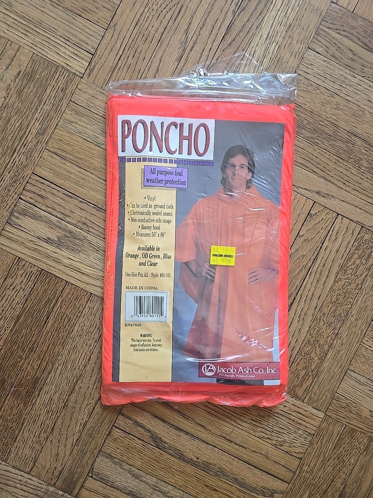 Vintage Adult Orange Vinyl Poncho By Jacob Ash OS New In Plastic 80×50