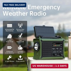 Solar Radio Emergency Hand Crank 12000mAh with Clear Signal, AM FM NOAA Weather