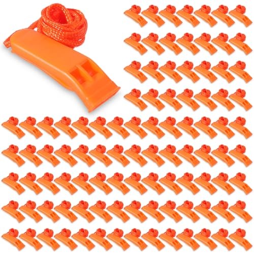 100 Pack Emergency Whistles with Lanyard Safety Whistles Loud Blast Emergency