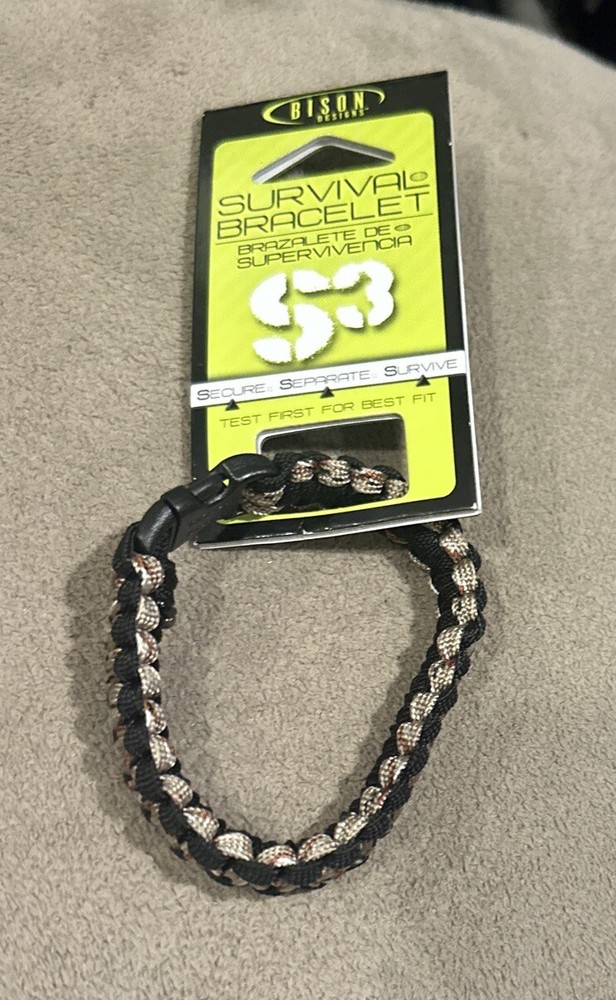 Bison Design S3 Paracord Survival Bracelet * 8-12ft Hand Braided *Tan/Black *NEW