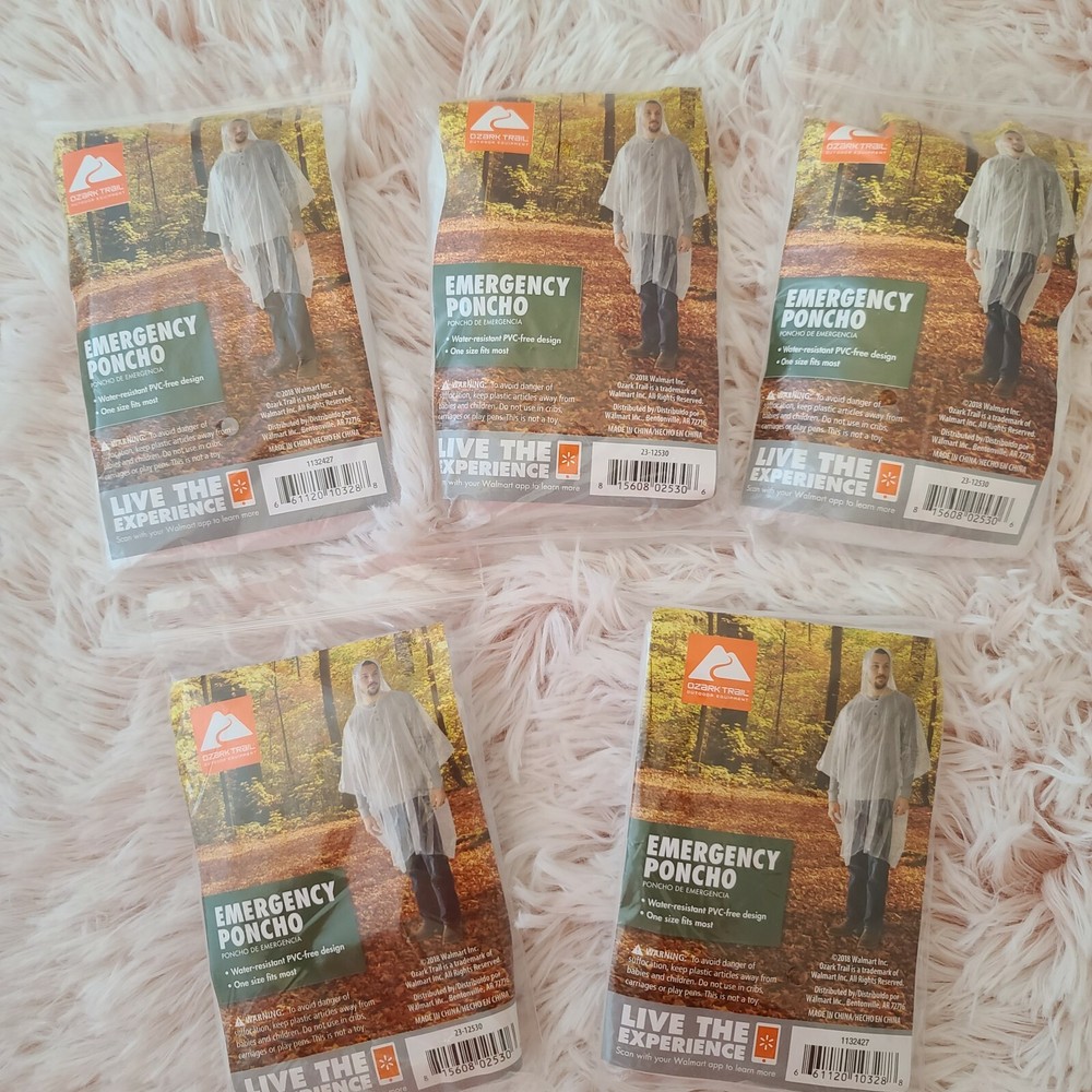 5 Pack Emergency Hooded Rain Poncho Raincoat Reusable Unisex One Size Fits Most