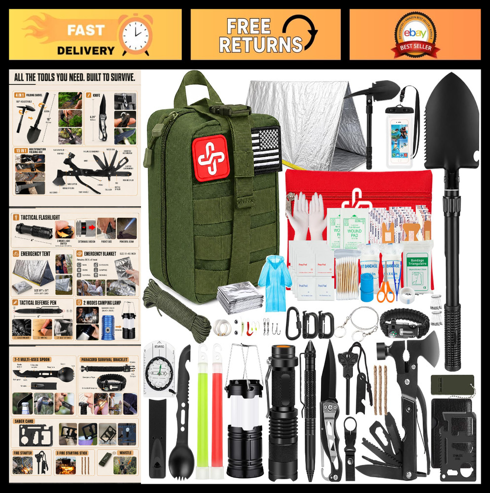 250Pcs Survival Gear Kit with Molle Bag, First Aid & Emergency Tent for Hiking,