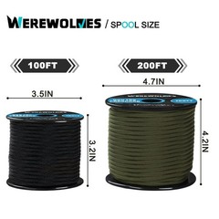 WEREWOLVES 550lb Paracord/Parachute Cord – 7 Strand Core 100FT, Black