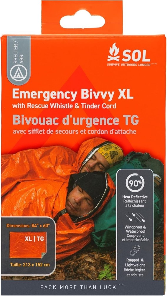 SOL Emergency Bivvy XL w/Rescue Whistle Reflects up to 90% Body Heat Waterproof
