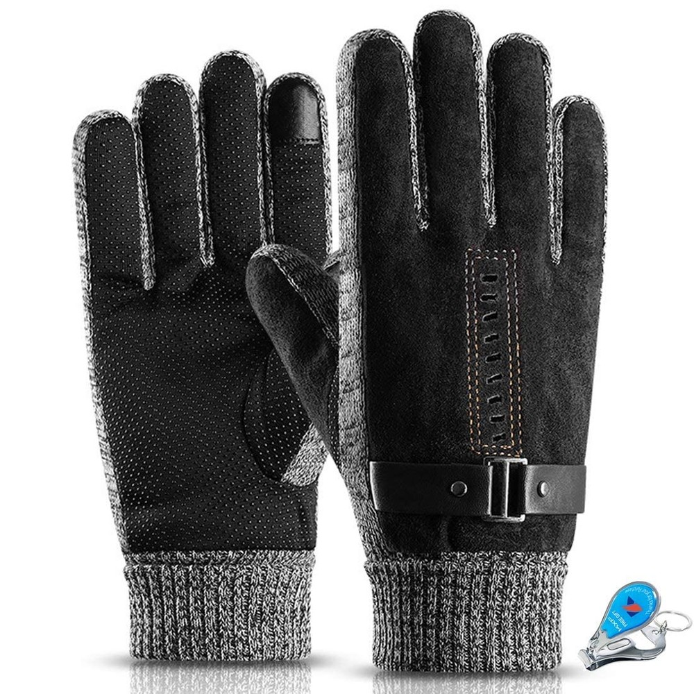 KXF Genuine Leather Winter Gloves for Men Thick Warm One Size, Black-01