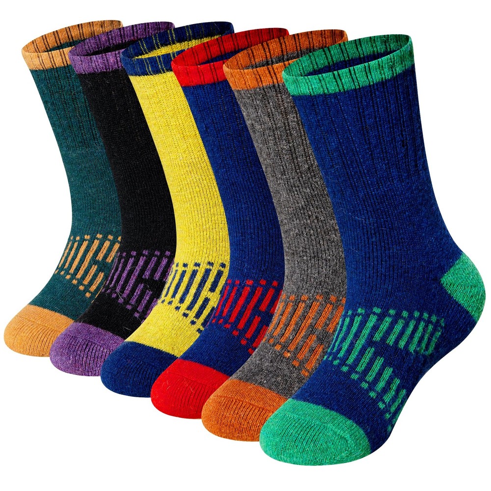 WEVIAS Kids Merino Wool Hiking Socks Boys 8-12 Years, 6 Pairs Colorful X