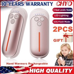 2PCS In/Outdoor Pocket Rechargeable Hand Warmers 5 Heating LED/SOS/Strobe Gift