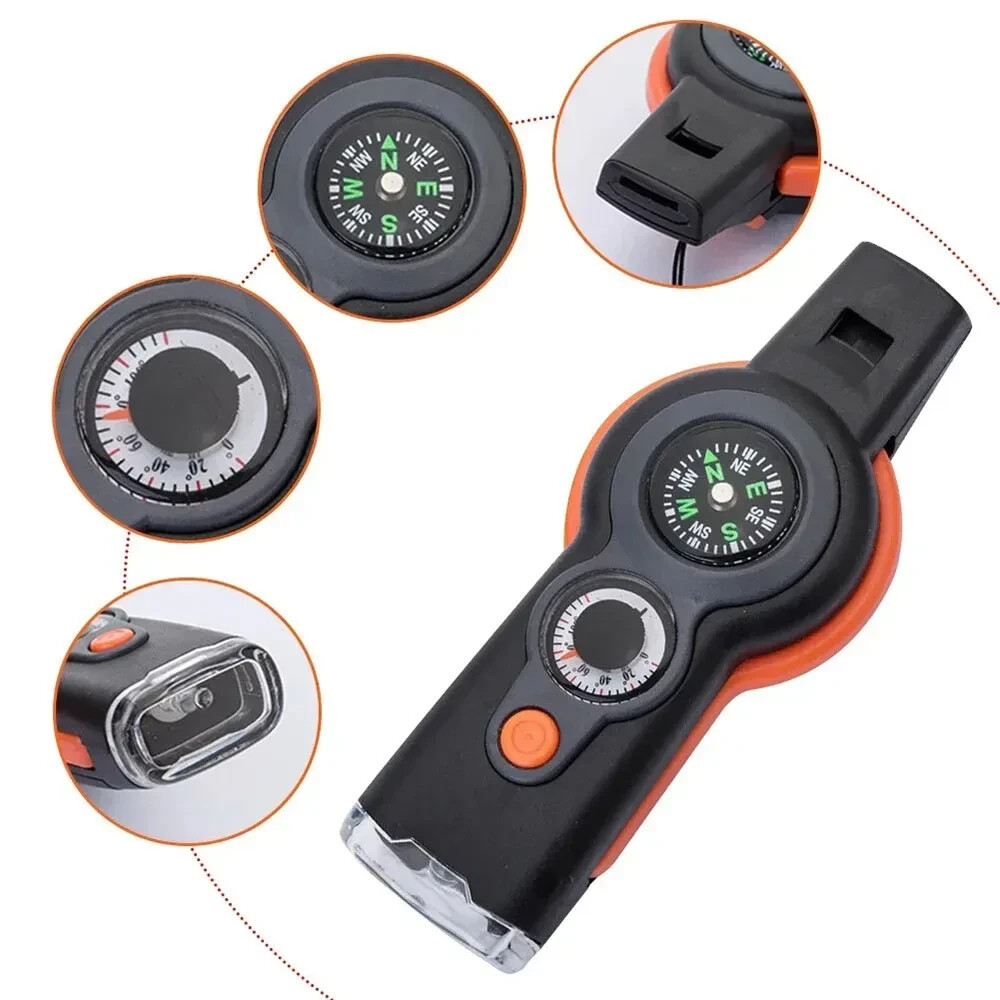MULTI-FUNCTION WHISTLE/COMPASS/THERMOMETER/LIGHT/MAGNIFIER/MIRROR/STORAGE TOOL!