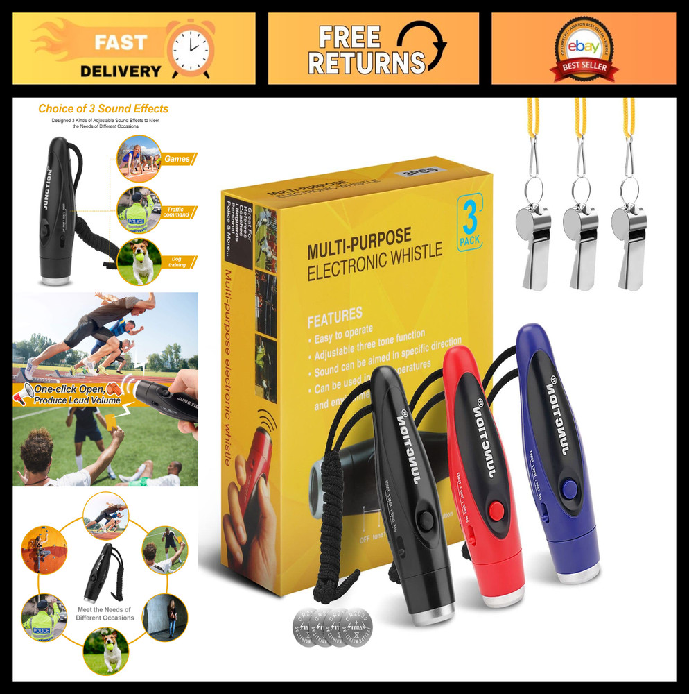 3 Pack Electronic Whistles with Lanyard – High Volume, 3 Tones for Coaches & Ref