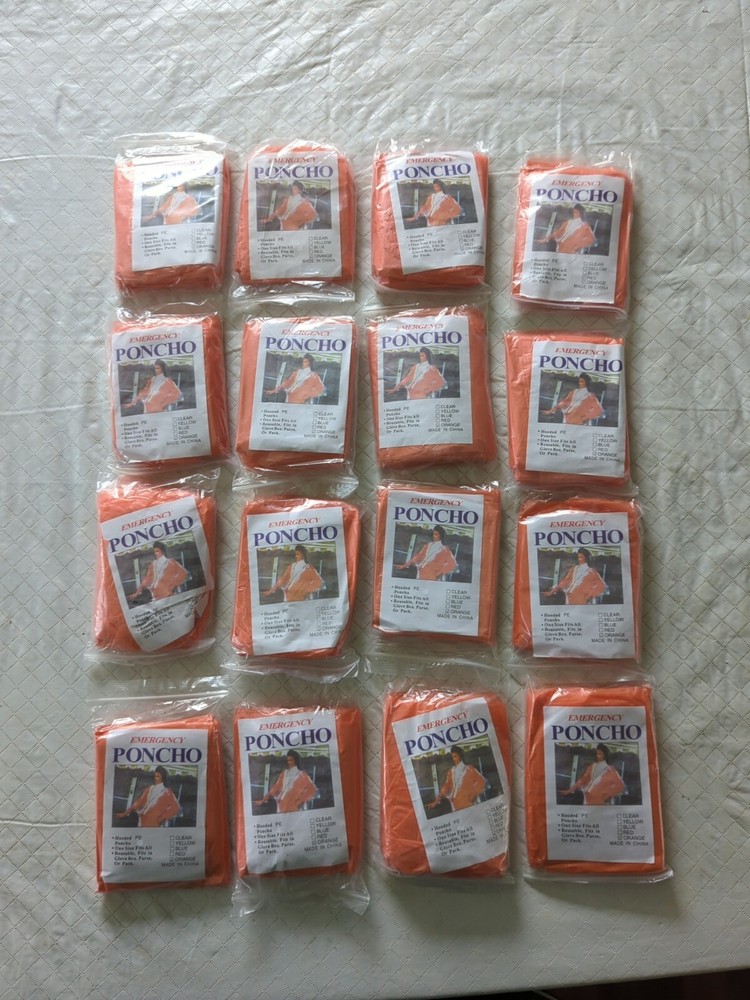 Lot Of 16 Orange, Hooded Emergency Ponchos, Reusable, One Size Fits All
