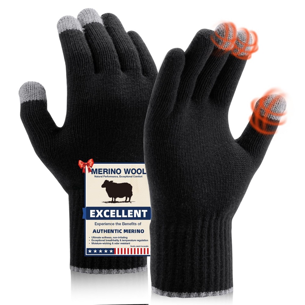 Heat equation Merino Wool Gloves for Men Women, Touch Large, C02-(black)