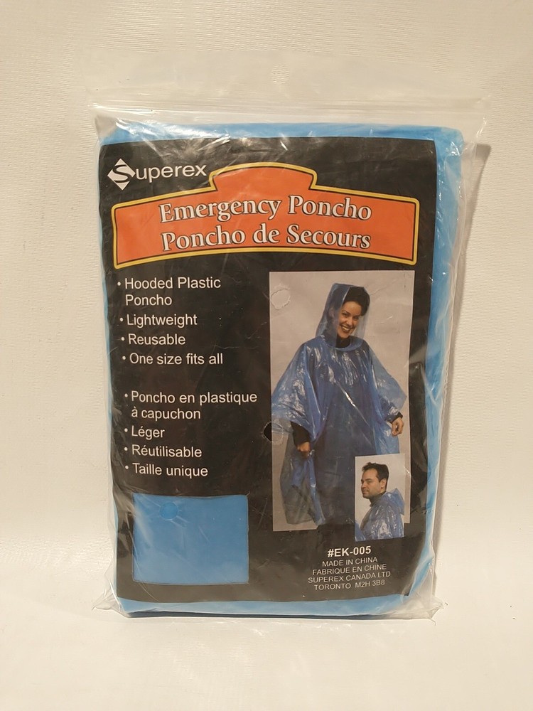 Superex Emergency Survival Life Rain Poncho Blue Clear Hooded One Size Fits All