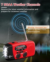Emergency Hand Crank Radio 7400mWh with 3 LED Flashlights, AM/FM/NOAA Red