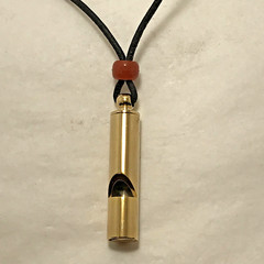 Safety Whistle «LOUD» 14kt Gold Plated Brass 36″ Leather Lanyard Amber Bead NEW