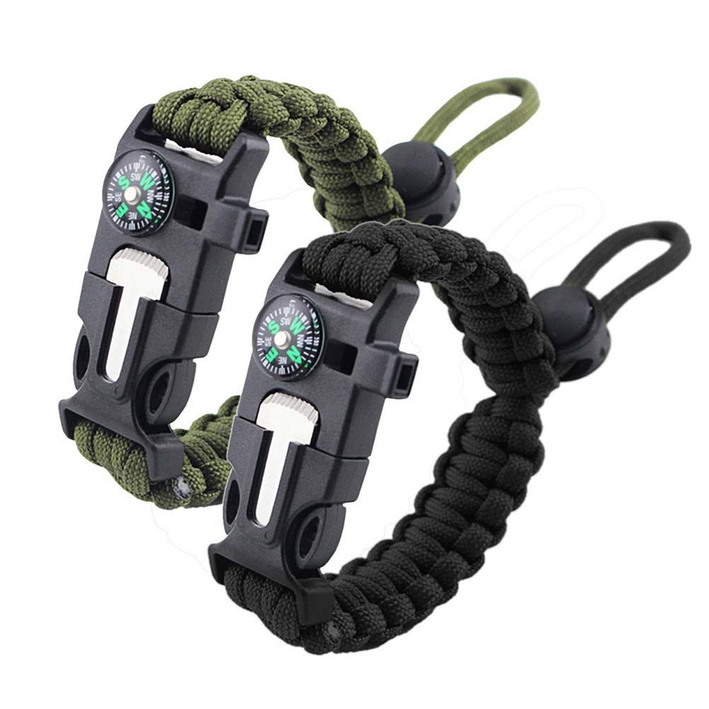 2 Pcs Survival Paracord Bracelet Flint Fire Starter Scraper Compass for Camping