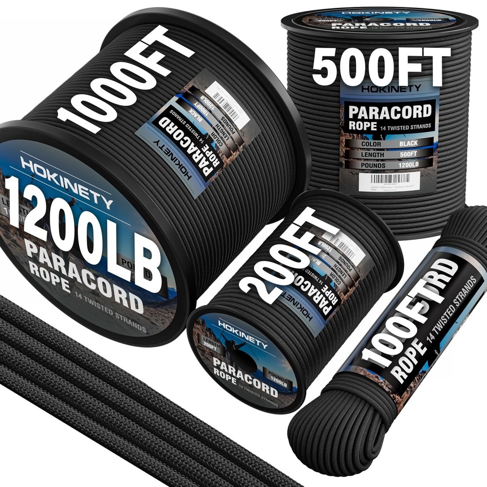 HOKINETY 1200 Paracord Rope – 4.4mm Nylon Parachute Spool para 100 ft, Black