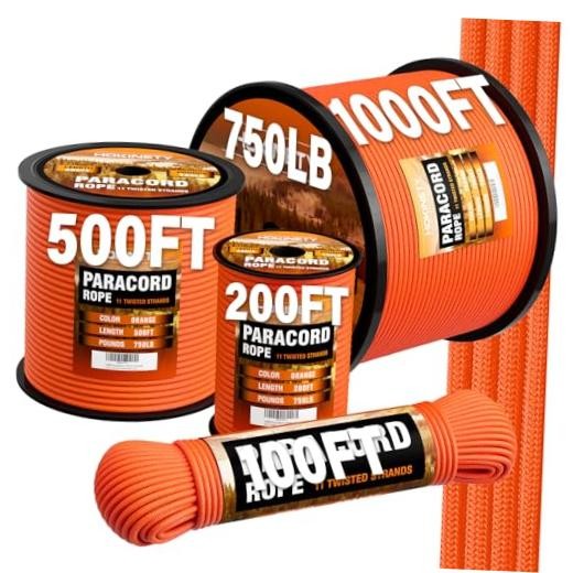 Paracord Rope 750lb – Parachute para Cord 4mm 11 Strand Spool 200 ft Orange