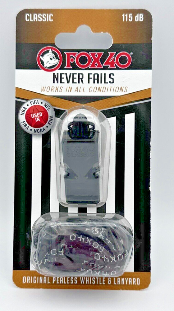 Fox 40 Classic Official Pealess Whistle with Break Away Lanyard (Black) NEW