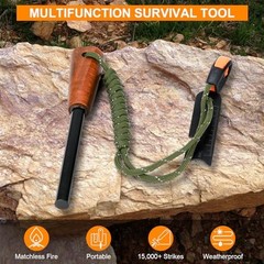 Fire Starter Survival Tool – Handmade Wooden Handle 3/8″» Thick Ferro Rod Green