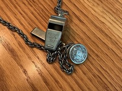Vintage Sportcraft Metal Whistle Chromed Brass and Fire Department Button Japan