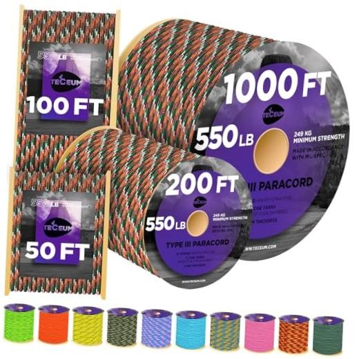 Paracord Type III 550 Mixed Camo – 50 ft – 4mm – Tactical Rope MIL-SPEC –
