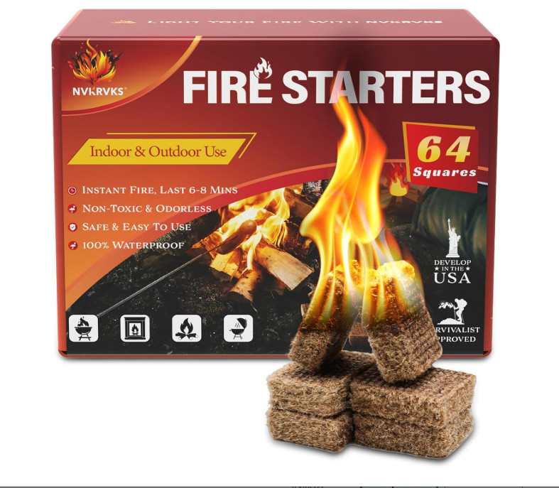 Fire Starter Squares, Natural & Waterproof, 64 Mini Squares for BBQ, Campfires