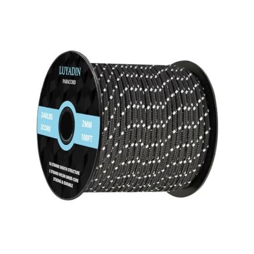 Reflective Paracord 240lb – Diameter 2mm Micro Utility 100 ft Reflective Black
