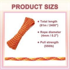 Paracord rope 550lb 200ft, for tent 4mm 7 threads orange/red/yellow