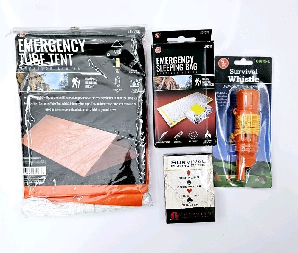 Emergency Survival Kit Camping Shelter Tube Tent, Sleeping Bag, Whistle, Cards