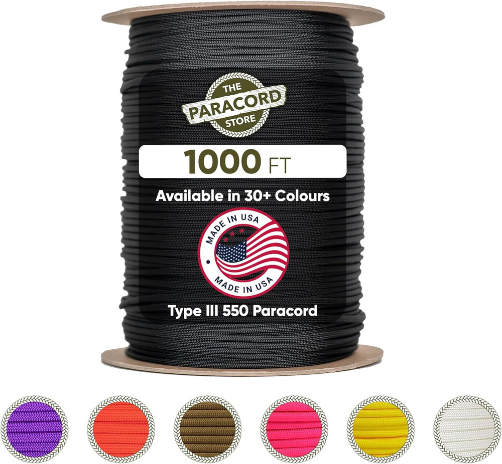 | Type III 550 Paracord – 1000 FT Spool, Black | Heavy Duty 7 Strand Tactical Pa