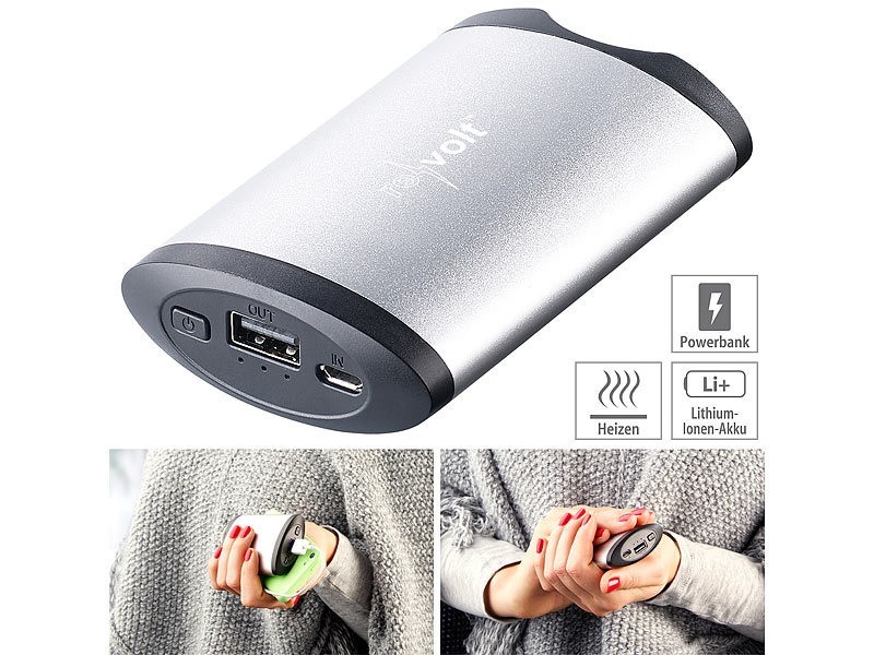 revolt 2in1 Hand Warmer Power Bank 5200mAh, 2 Heat Settings, LED Display, USB, 136g