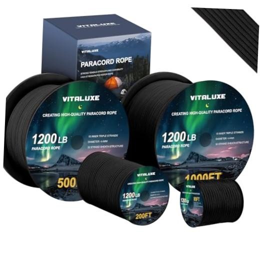 1200lb Paracord Rope, 4.4mm 15 Triple Strands Paracord, Heavy Duty 80ft Black