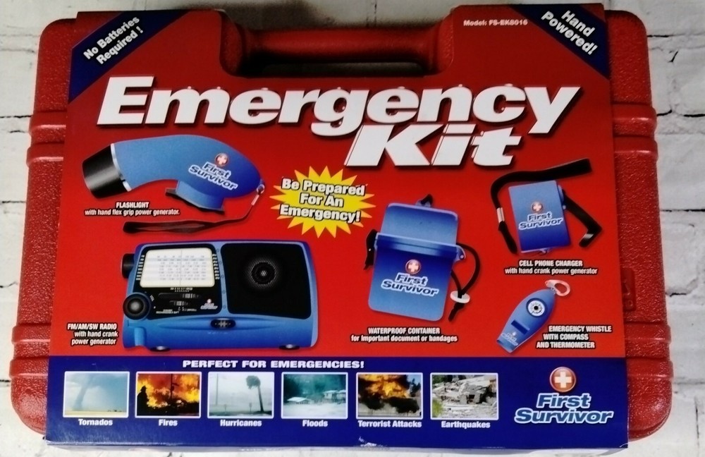 First Survivor Emergency Kit~FS-EK8016 FM/Am/SW Radio~Flashlight~Whistle~Compass
