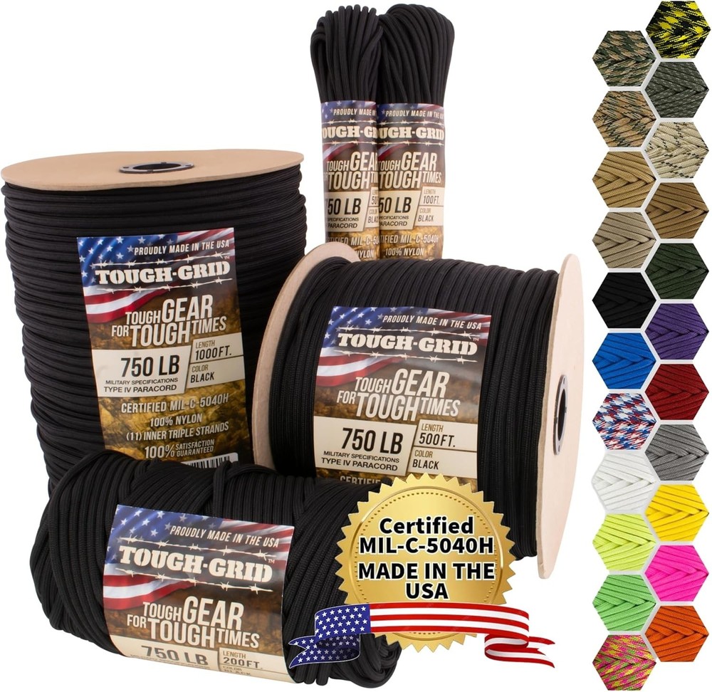 750 Paracord, 100% Nylon, Made In USA, Type IV Mil-Spec Cord | Versatile Cord Fo