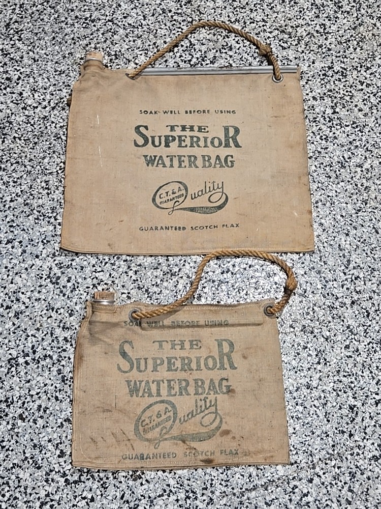 2 Antique Superior Water Bags Scotch Flax Canvas with Corks. Great For Display