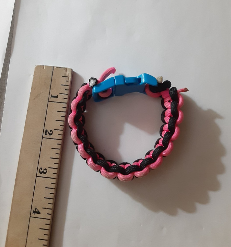 Pink & Black Paracord Survival Bracelet with Blue Buckle – 9″ Lg total