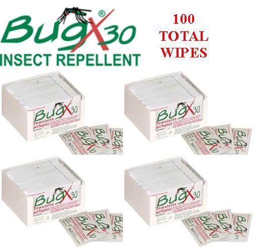 BugX 30 Insect Repellent with DEET, 100 Total Wipes – 4 Boxes