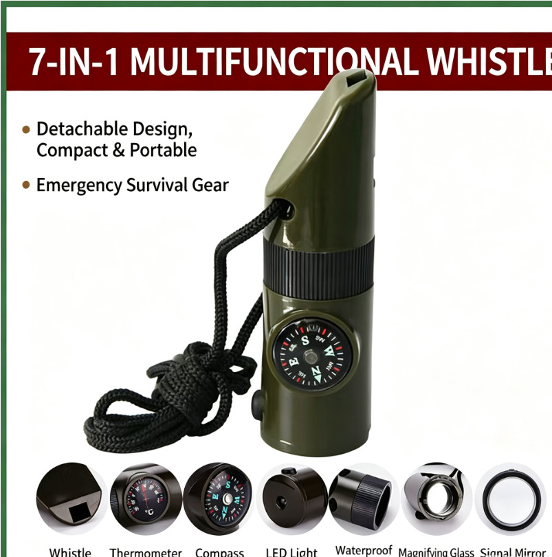 7-in-1 Multifunctional Survival Whistle LED Light Compass Thermometer Outdoor Em