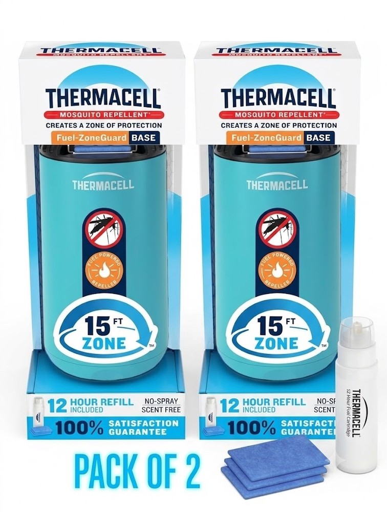 New Thermacell Fuel-ZoneGuard Base Mosquito Repeller 2-Pack 15FT Zone Blue Teal