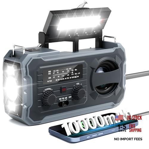 Hand Crank Emergency Radio, 10000mAh Weather Radio with AM/FM/NOAA, Solar Grey