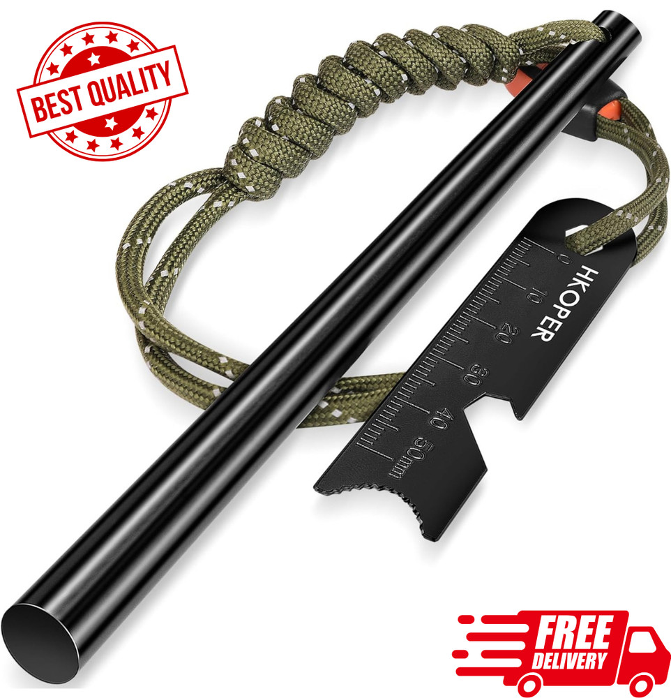 6in Ferro Rod Fire Starter with Striker Whistle Paracord Survival Kit