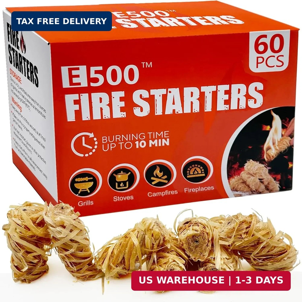 E500 Fire Starter – Natural Fire Starters for Fireplace, Campfires, Chimney, BBQ