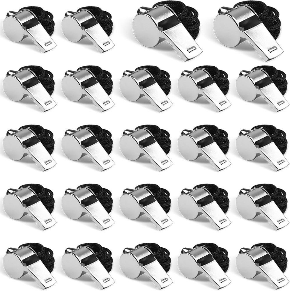 24-Pack Stainless Steel Whistles with Lanyards – Loud Clear Sound for Coaches