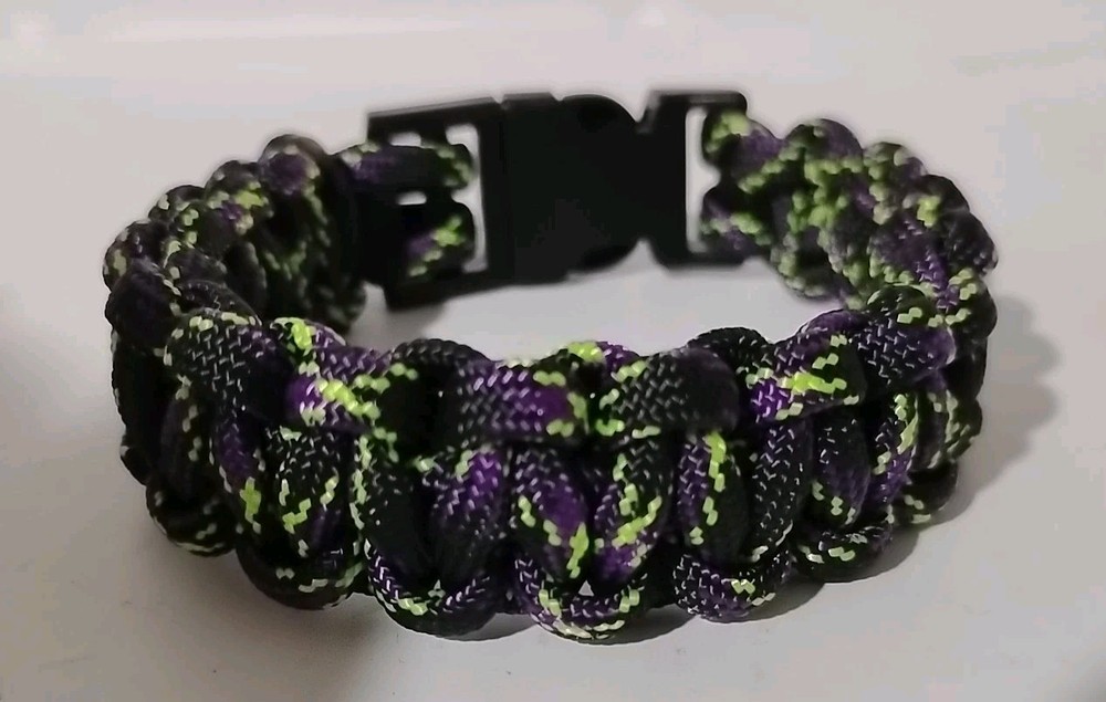 Handmade 550 Paracord Cobra Weave Bracelet – Black/Green/Purple –