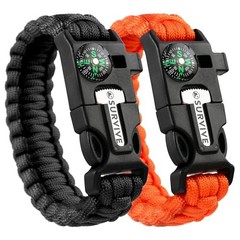 Paracord Bracelet, Pack of 2, Emergency Hiking Survival Large Black & Orange
