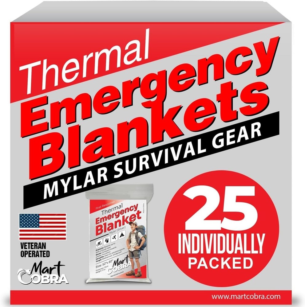 25-Pack Mylar Thermal Emergency Blankets for Cold Weather Survival