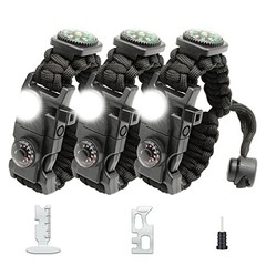20 in 1 Survival Paracord Bracelet Adjustable Gear Kit with SOS LED Black 3PCS