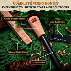 Ferro Rod Fire Starter Kit – 3/8″ Thick Flint Steel, Fatwood Tinder, Multi-Tool