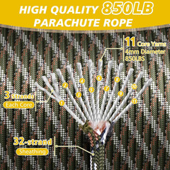 850Ib Reflective Paracord Rope, 50/100/200/500/1000Ft 4MM 11 Strand Parachute Co
