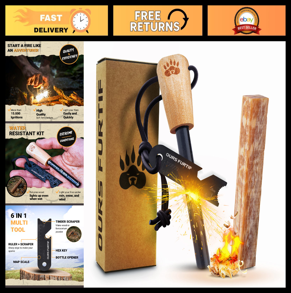 Ferro Rod Fire Starter Kit – 3/8″ Ferrocerium Flint, Fatwood Tinder, Multi-Tool